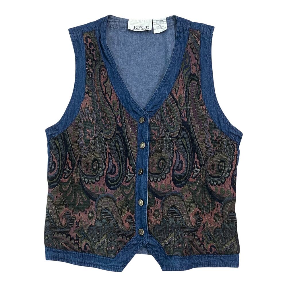 Vintage 90s Denim Tapestry Vest Paisley Boho Button Front Belted Back Medium -